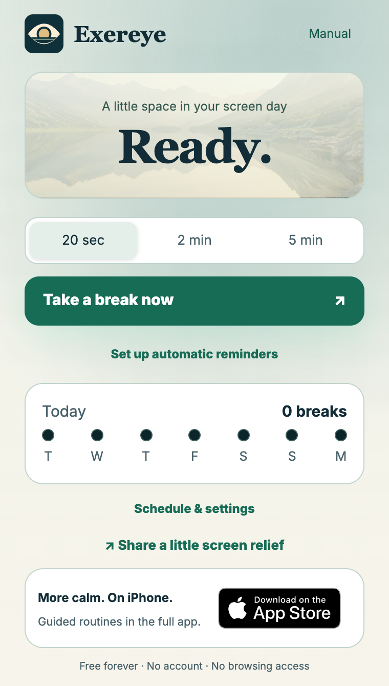 Exereye Chrome extension with a ready-to-start break, duration choices, reminders, and local weekly progress.